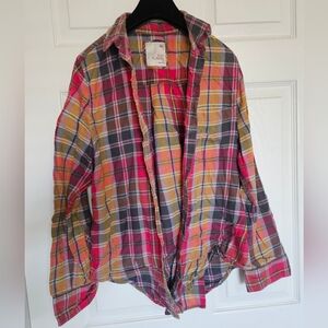 Hot Pink, Mustard Yellow, Gray Grey, plaid flannel button-down collar shirt M